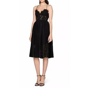 Fame and Partners Dark Romance Black Lace Midi Dress Strappy Semi Sheer size 4